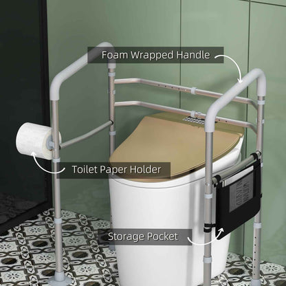 Height and Width Adjustable Toilet Frame Grab Bar with Rubber Tips Storage