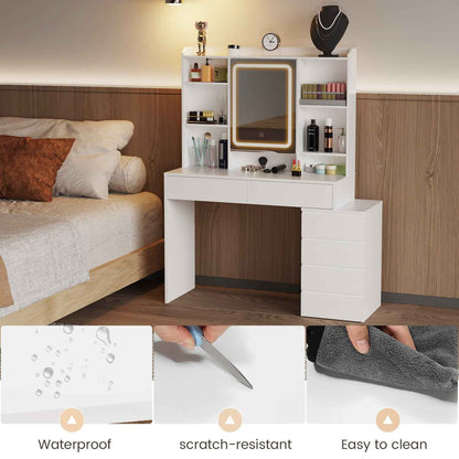 White Dressing Table Wood Makeup Desk with LED Mirror 7 Drawers Stool Bedroom