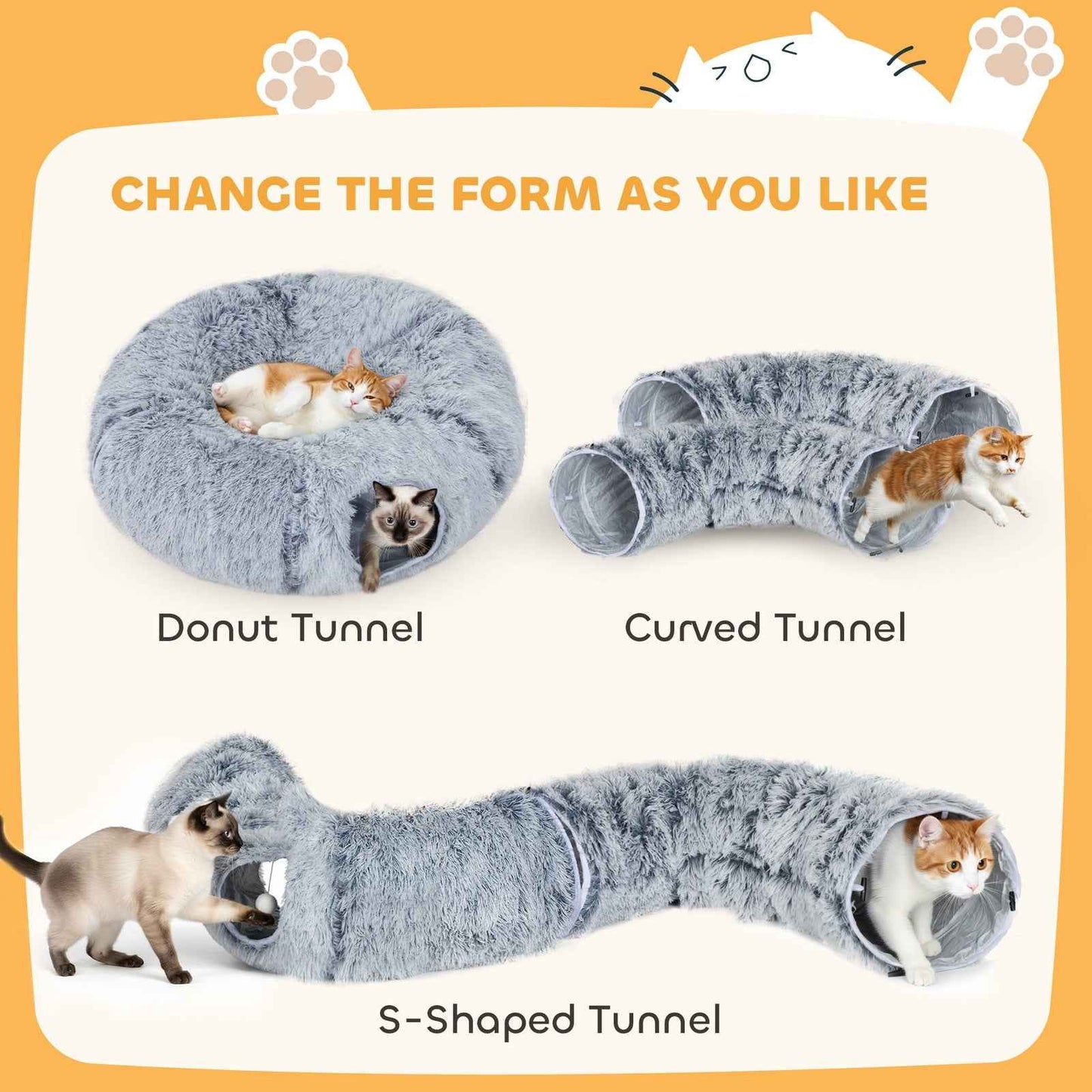2-in-1 Donut Cat Tunnel with Plush and Washable Bed for Indoor Cats, Light Grey