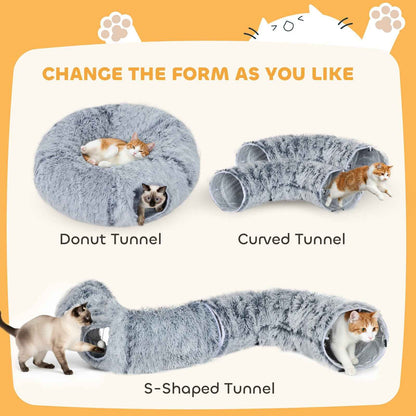 2-in-1 Donut Cat Tunnel with Plush and Washable Bed for Indoor Cats, Light Grey