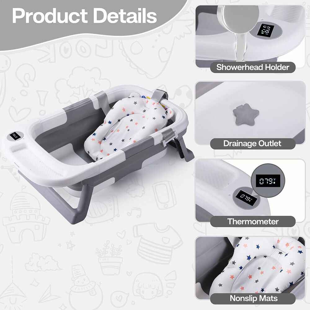 Foldable Baby Bath Tub Ergonomic with Temperature & Cushion Bath Pad + Bath Net