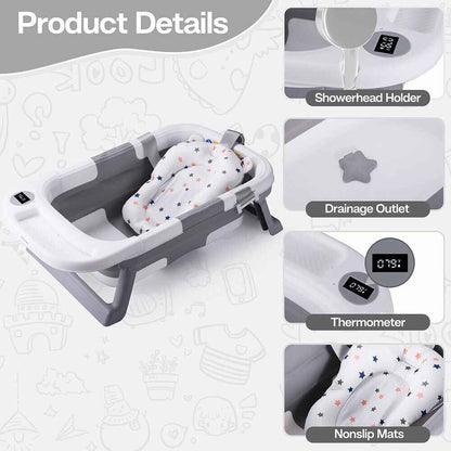 Foldable Baby Bath Tub Ergonomic with Temperature & Cushion Bath Pad + Bath Net
