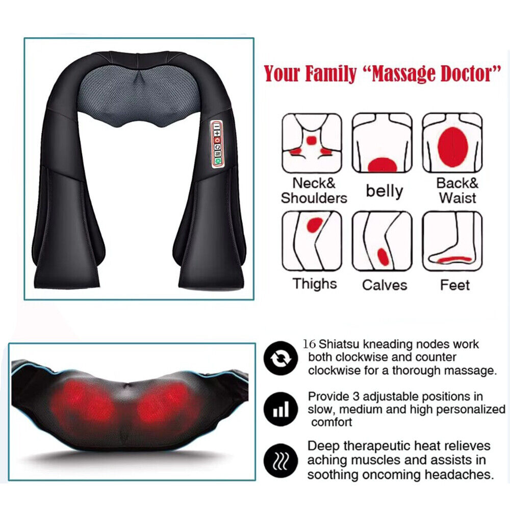 Electric Shiatsu Back Neck Shoulder Massager with Heat Kneading Body Car Home UK