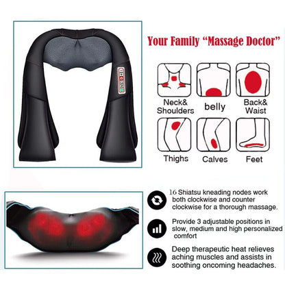Electric Shiatsu Back Neck Shoulder Massager with Heat Kneading Body Car Home UK
