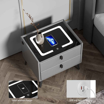 LED Bedside Table with 2 Drawers Cabinet Charging Station Nightstand Storage Gyd