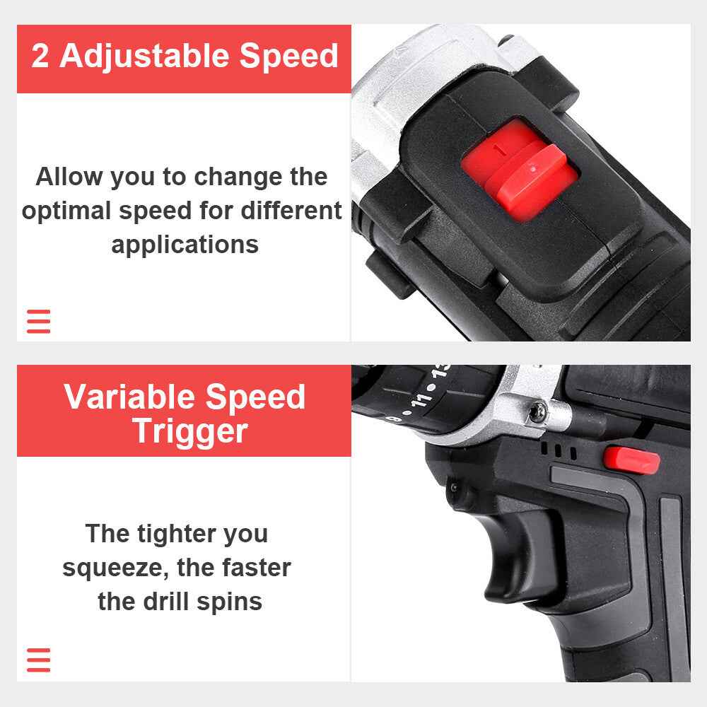 36V 2-Speed Electric Cordless Drill Screwdriver Hammer Impact w/ 2 Battery Kits