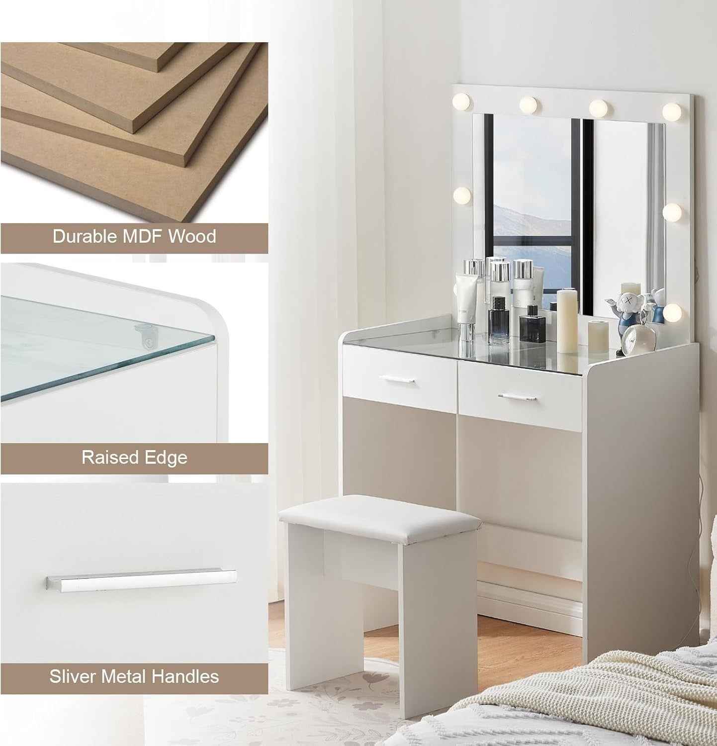 Vanity Desk with Mirror Lights Glass Top Dressing Table w/ 2 Drawers & Stool Uam
