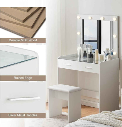 Vanity Desk with Mirror Lights Glass Top Dressing Table w/ 2 Drawers & Stool Uam