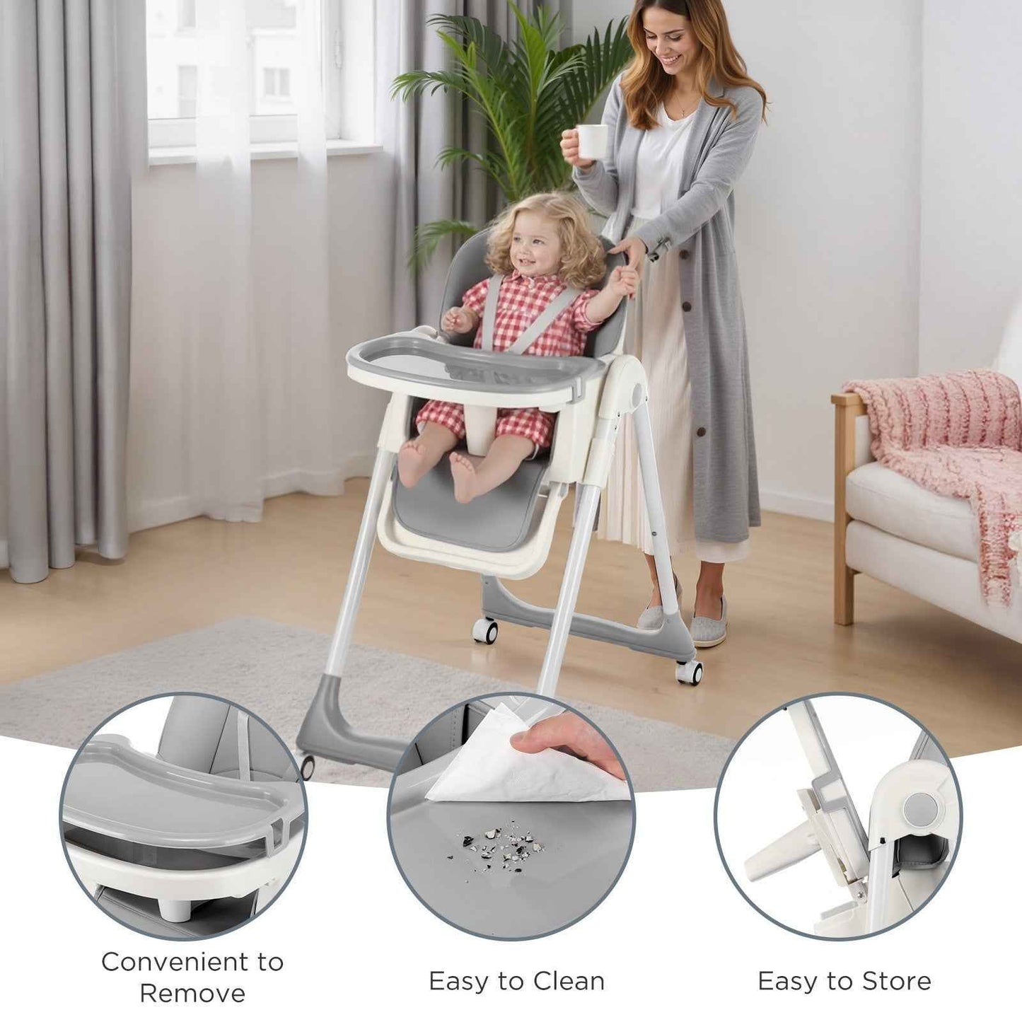 4 in1 Folding Baby High Chair, Adjustable Toddlers Highchair with 4 Uxedmruehjos