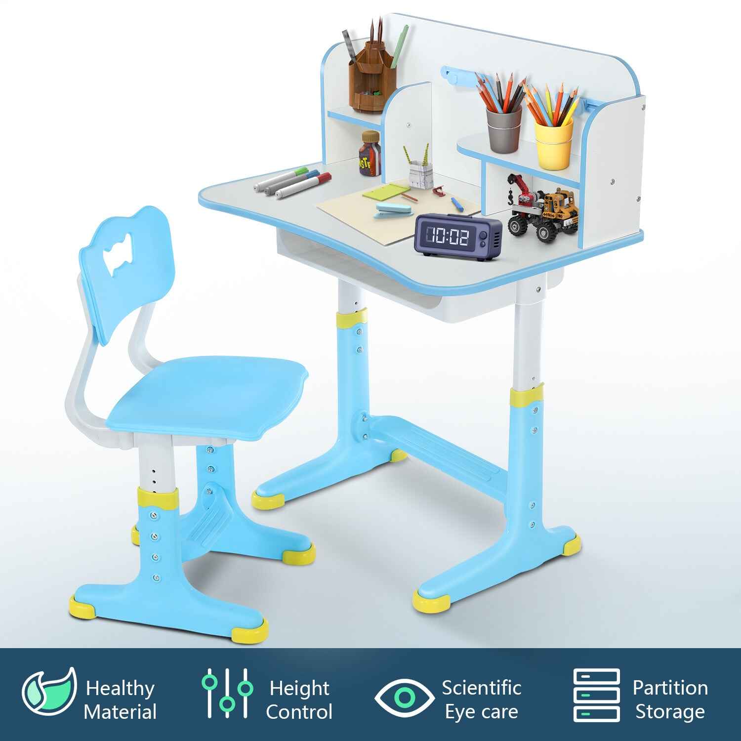 Kids Desk and Chair Set Height Adjustable Study Table W/ Storage Book Stand