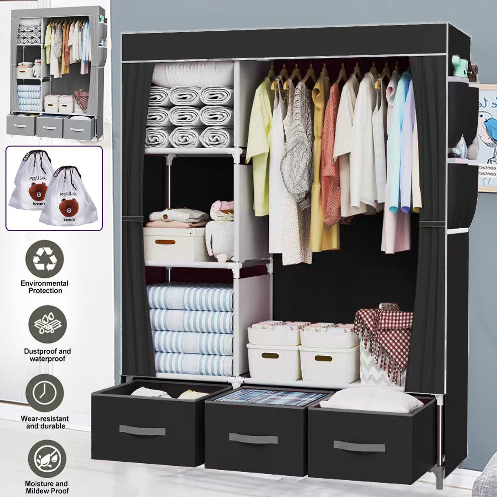 Large Fabric Canvas Wardrobe with Clothes Hanging Rail Shelving Storage Closet