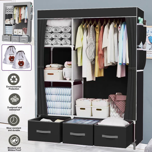 Large Fabric Canvas Wardrobe with Clothes Hanging Rail Shelving Storage Closet