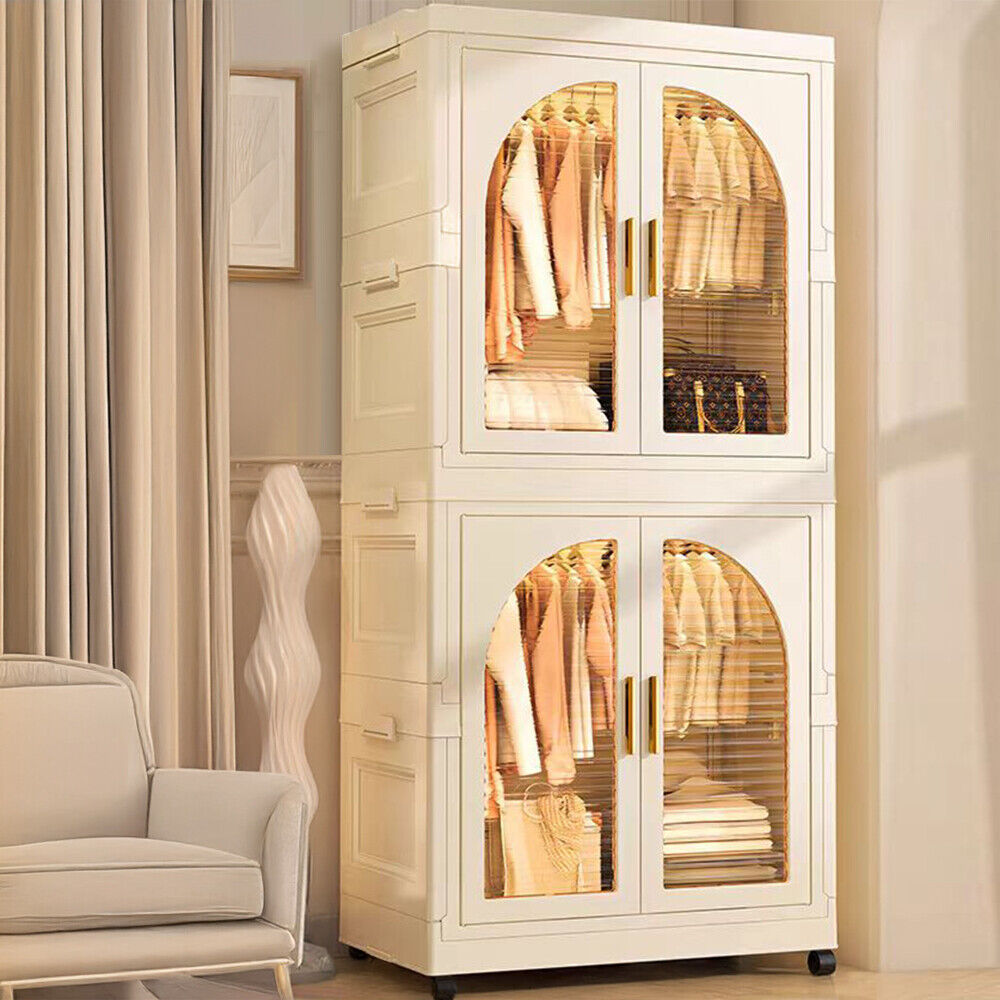 Folding Wardrobe Storage Large Plastic Cabinet with Hanging Rod Clothes Closet