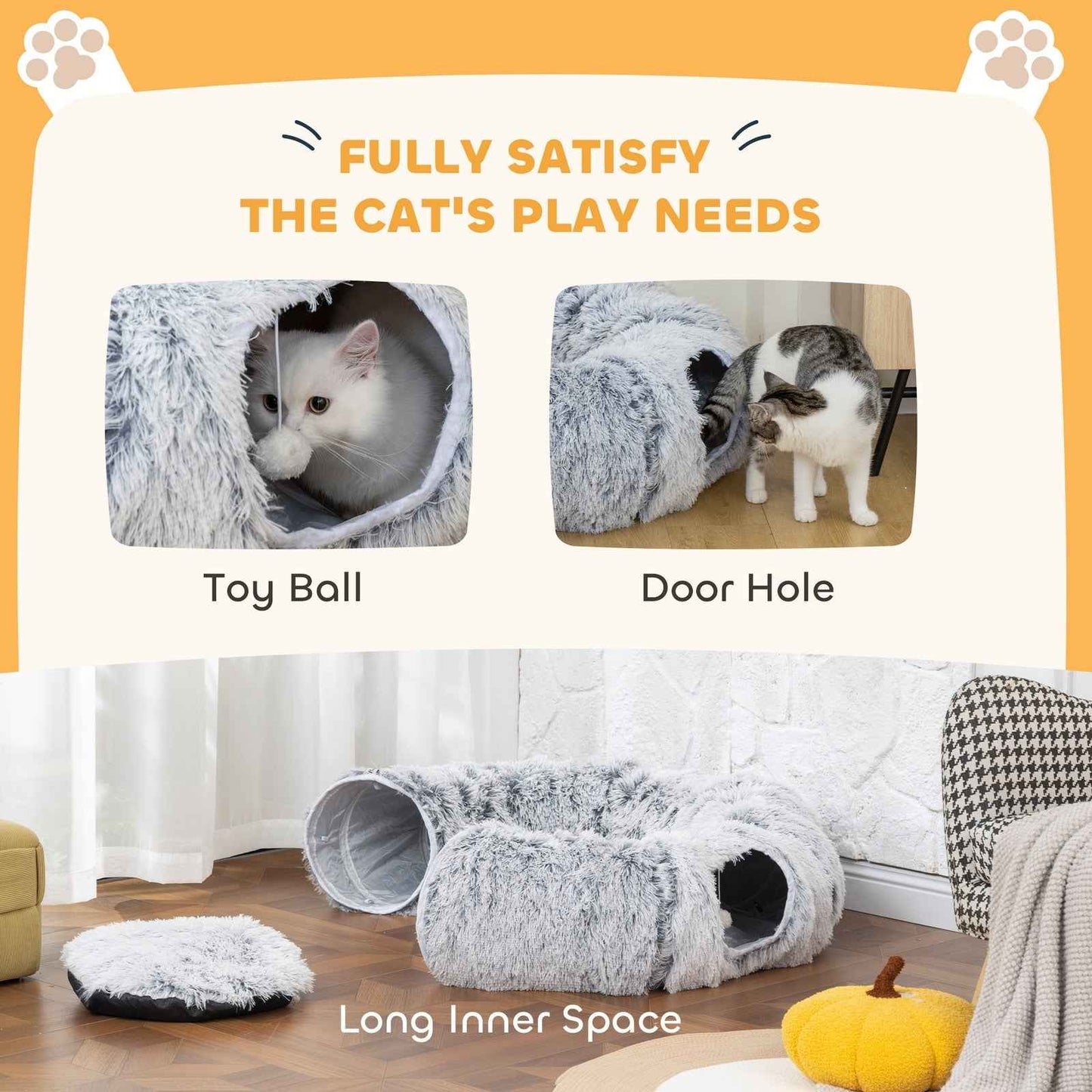 2-in-1 Donut Cat Tunnel with Plush and Washable Bed for Indoor Cats, Light Grey