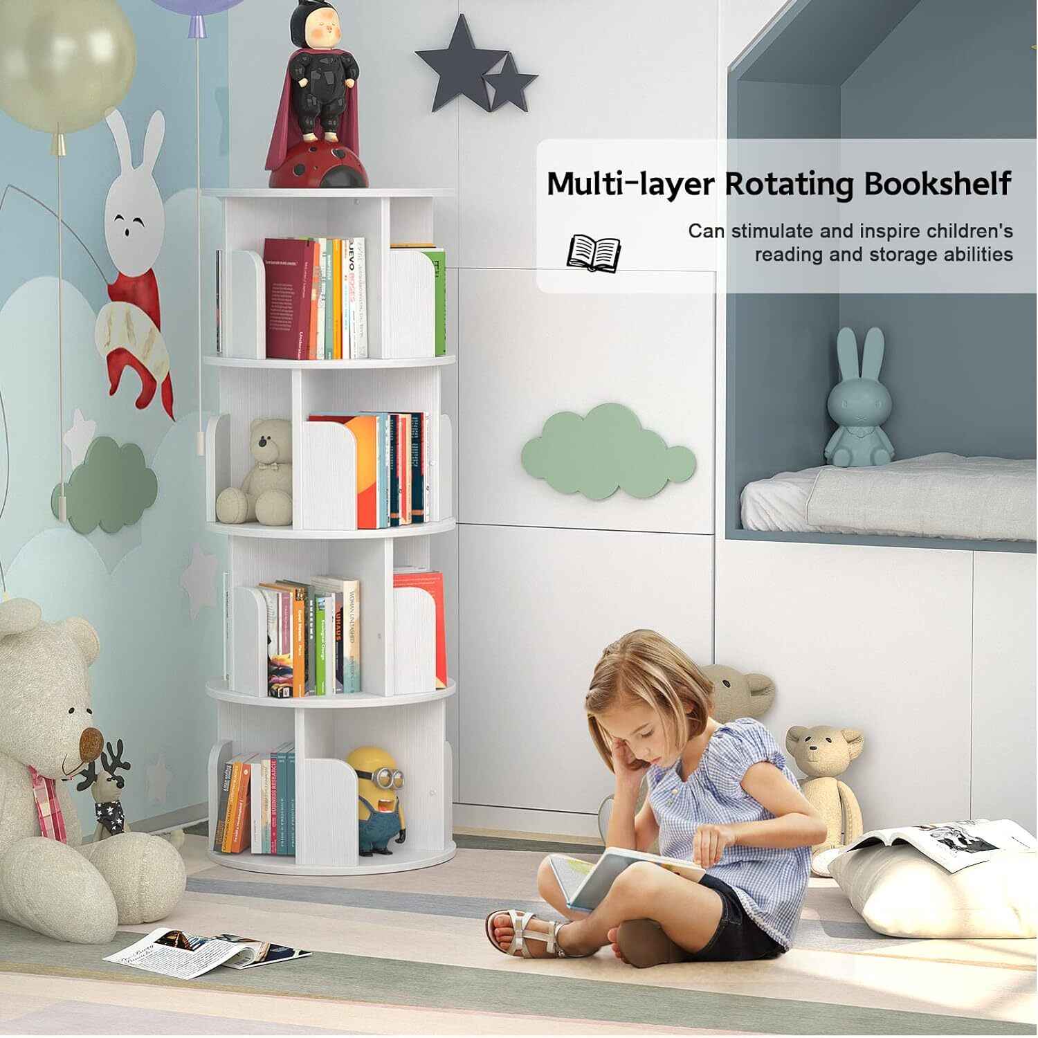 4-Layer 360° Rotating Bookshelf Bookcase Display Floor Standing Storage Rack