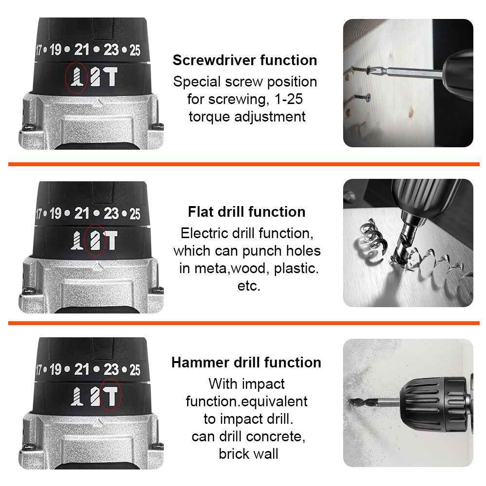 36V 2-Speed Electric Cordless Drill Screwdriver Hammer Impact w/ 2 Battery Kits