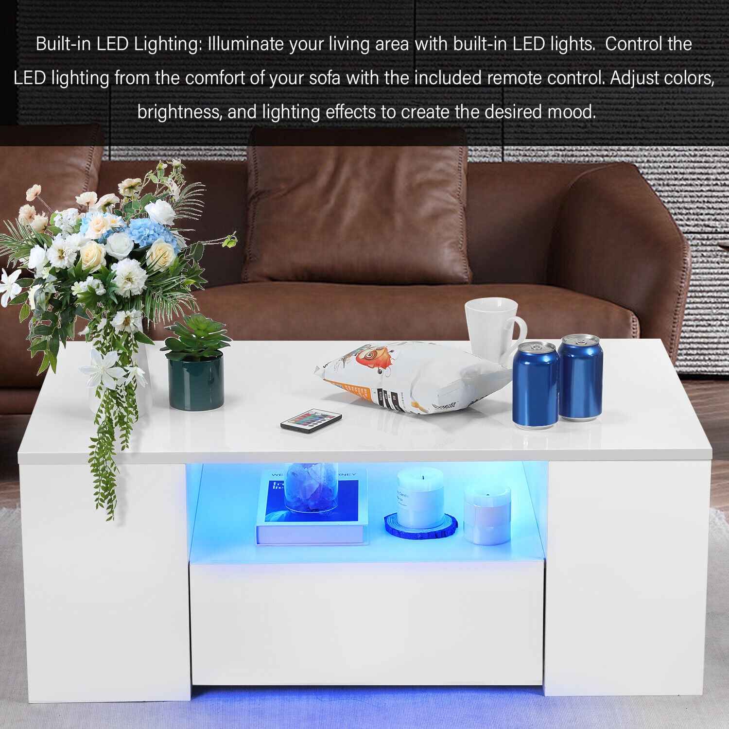 LED Coffee Table Wooden 2 Drawer Storage High Gloss Modern Living Room Furniture
