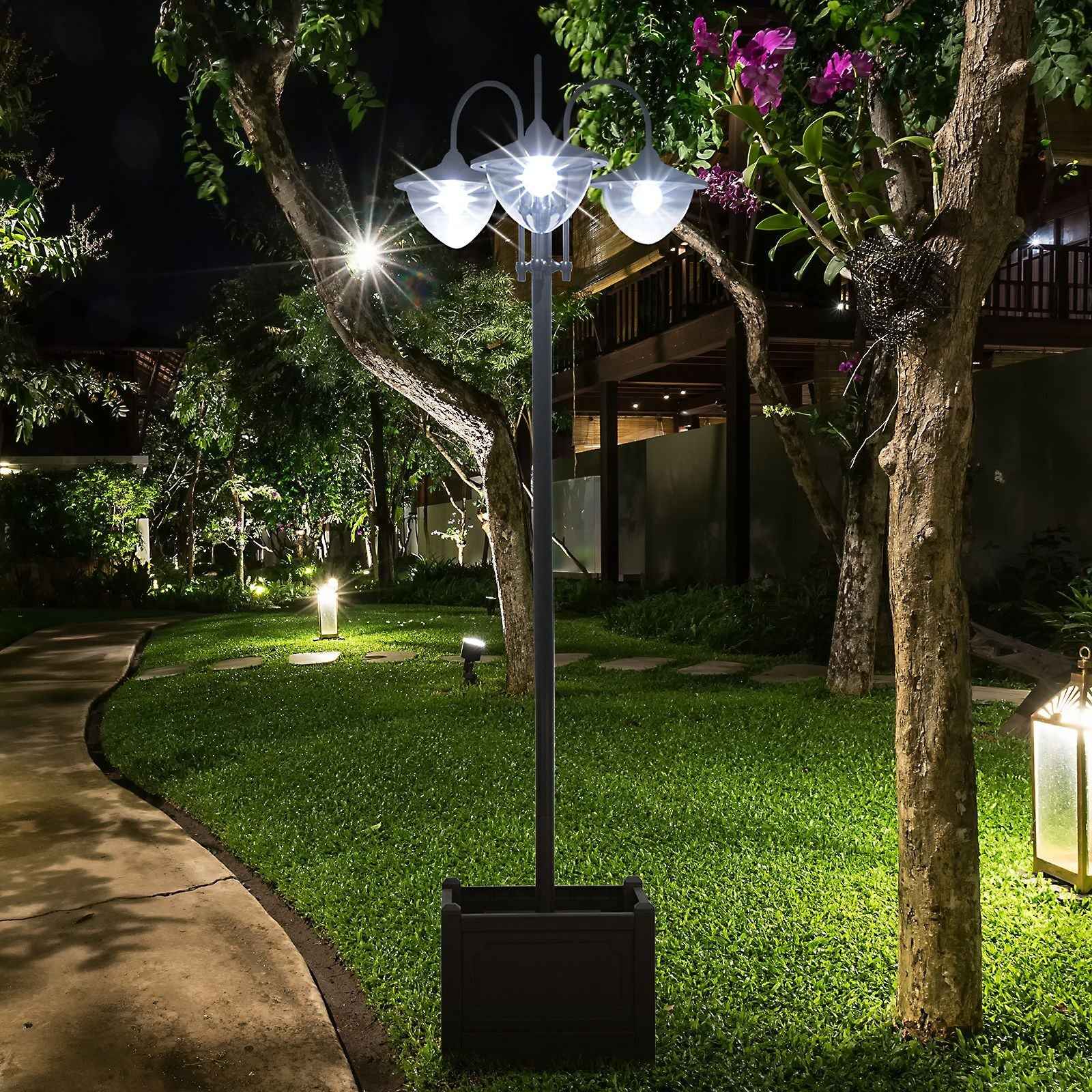 3-head LED Solar Light Lamp Street Light Post with Planter Base, Black
