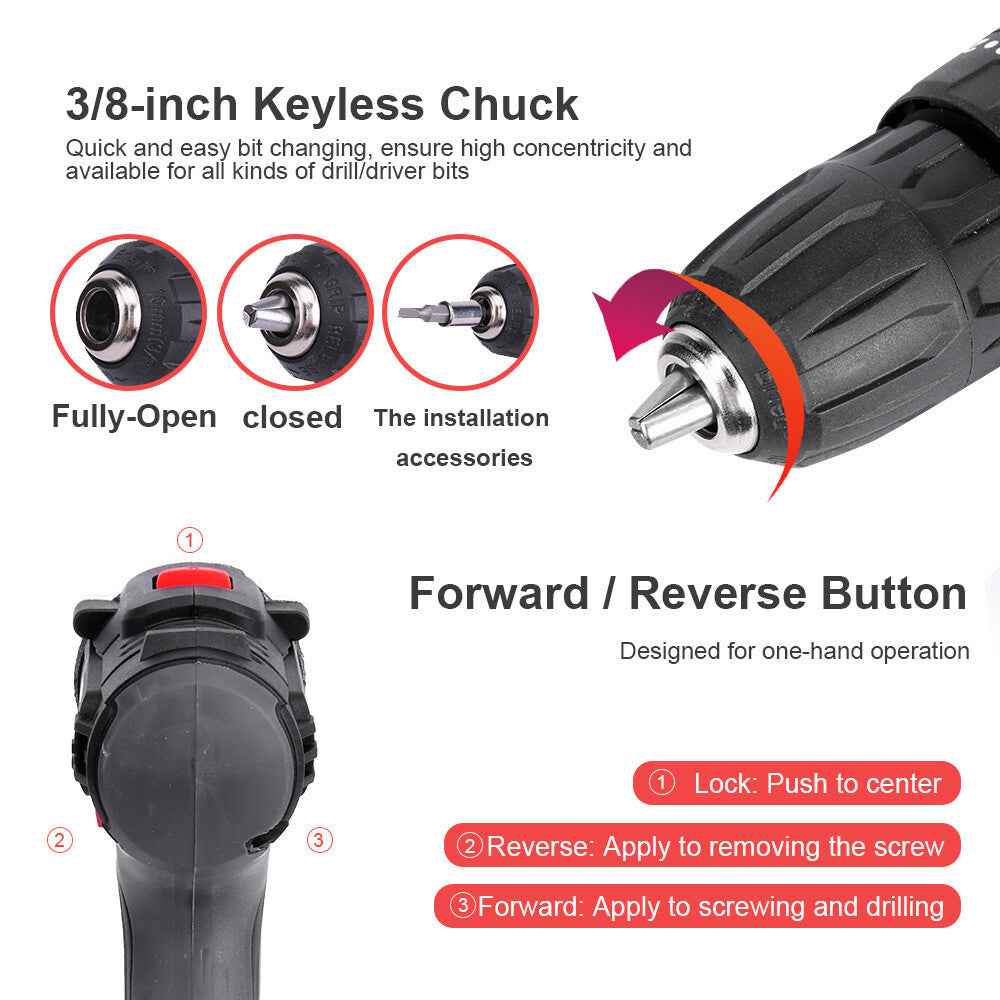 36V 2-Speed Electric Cordless Drill Screwdriver Hammer Impact w/ 2 Battery Kits