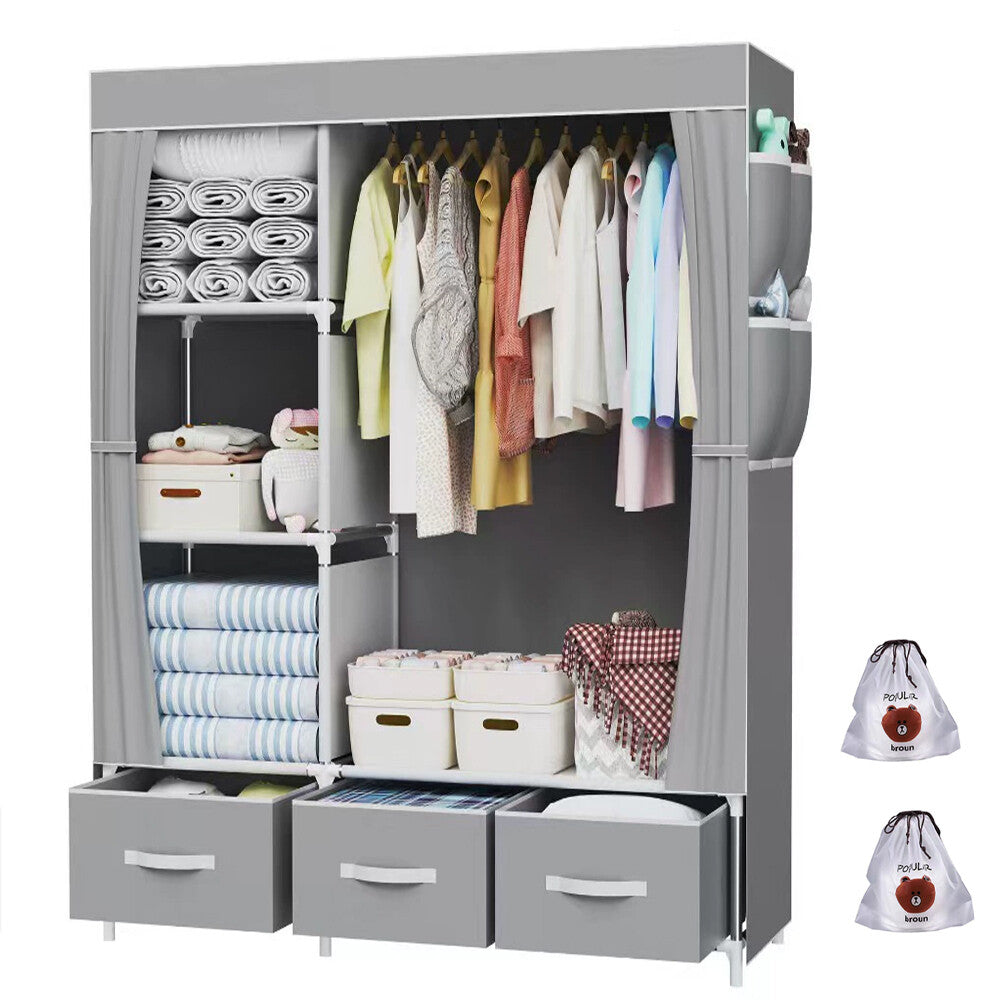 Large Fabric Canvas Wardrobe with Clothes Hanging Rail Shelving Storage Closet