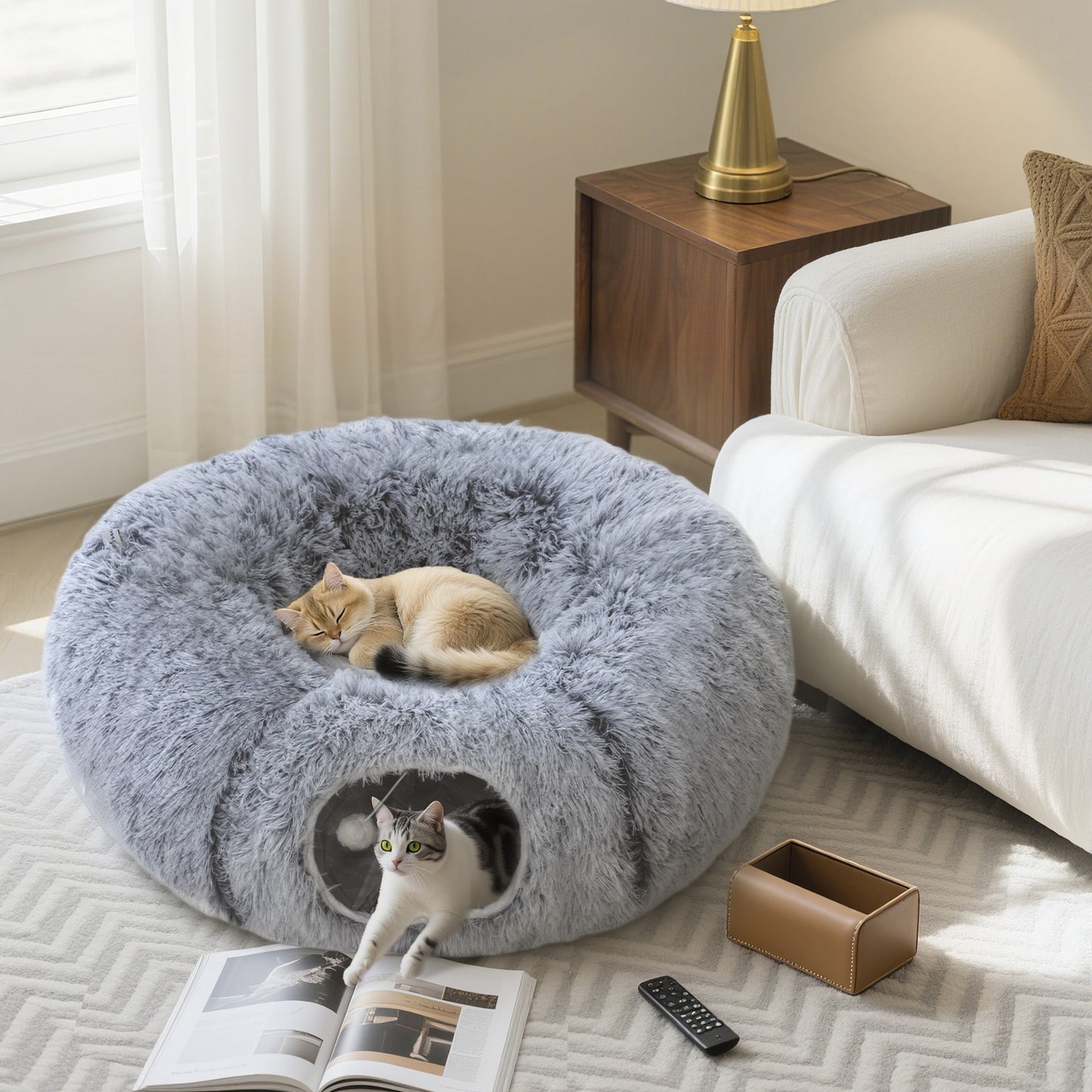 2-in-1 Donut Cat Tunnel with Plush and Washable Bed for Indoor Cats, Light Grey