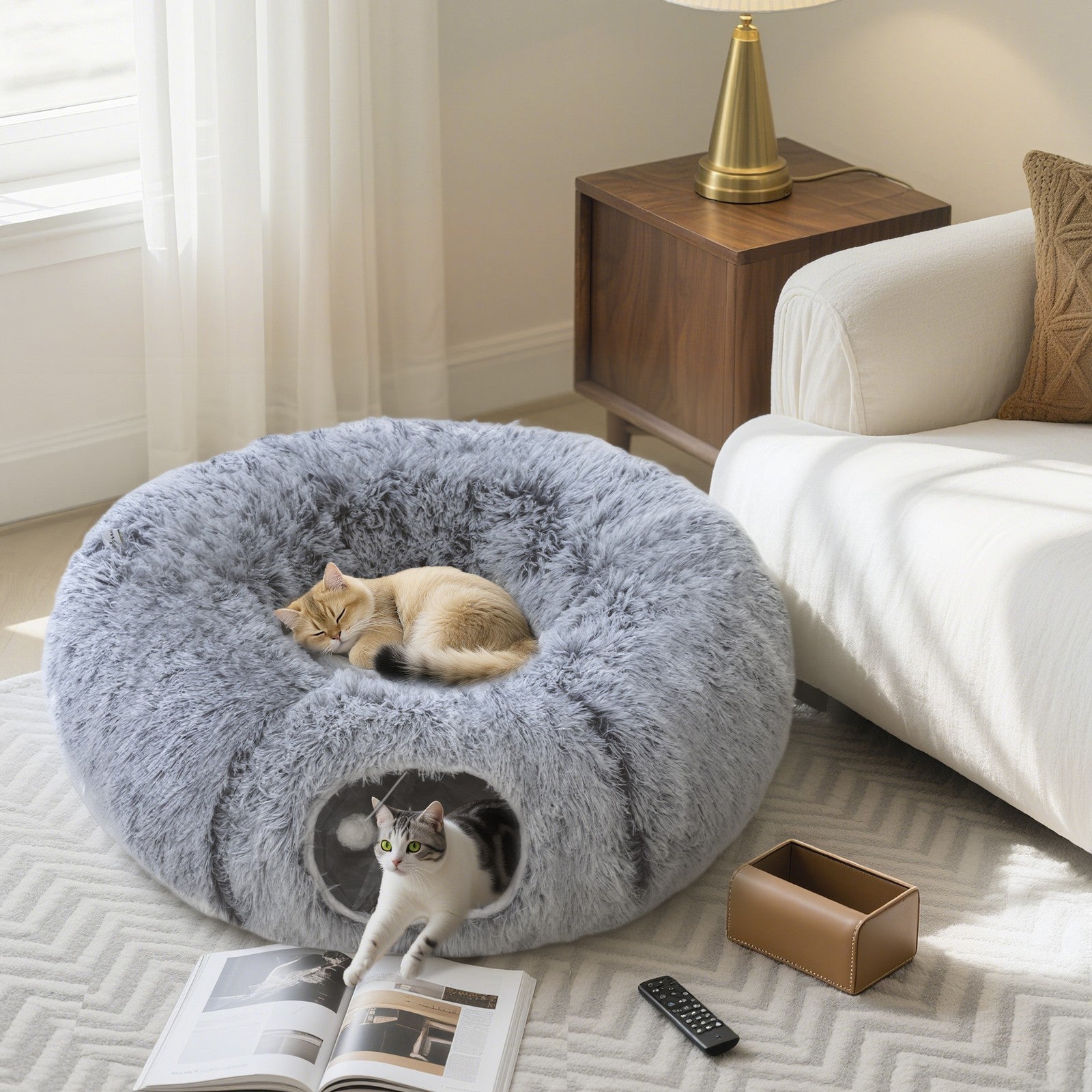 2-in-1 Donut Cat Tunnel with Plush and Washable Bed for Indoor Cats, Light Grey