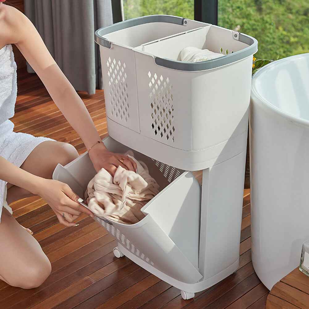3 Compartment Storage Clothes Hamper Toy Bin Washing Laundry Basket On Wheels UK