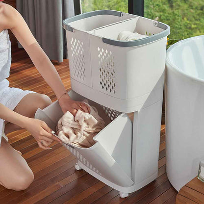 3 Compartment Storage Clothes Hamper Toy Bin Washing Laundry Basket On Wheels UK