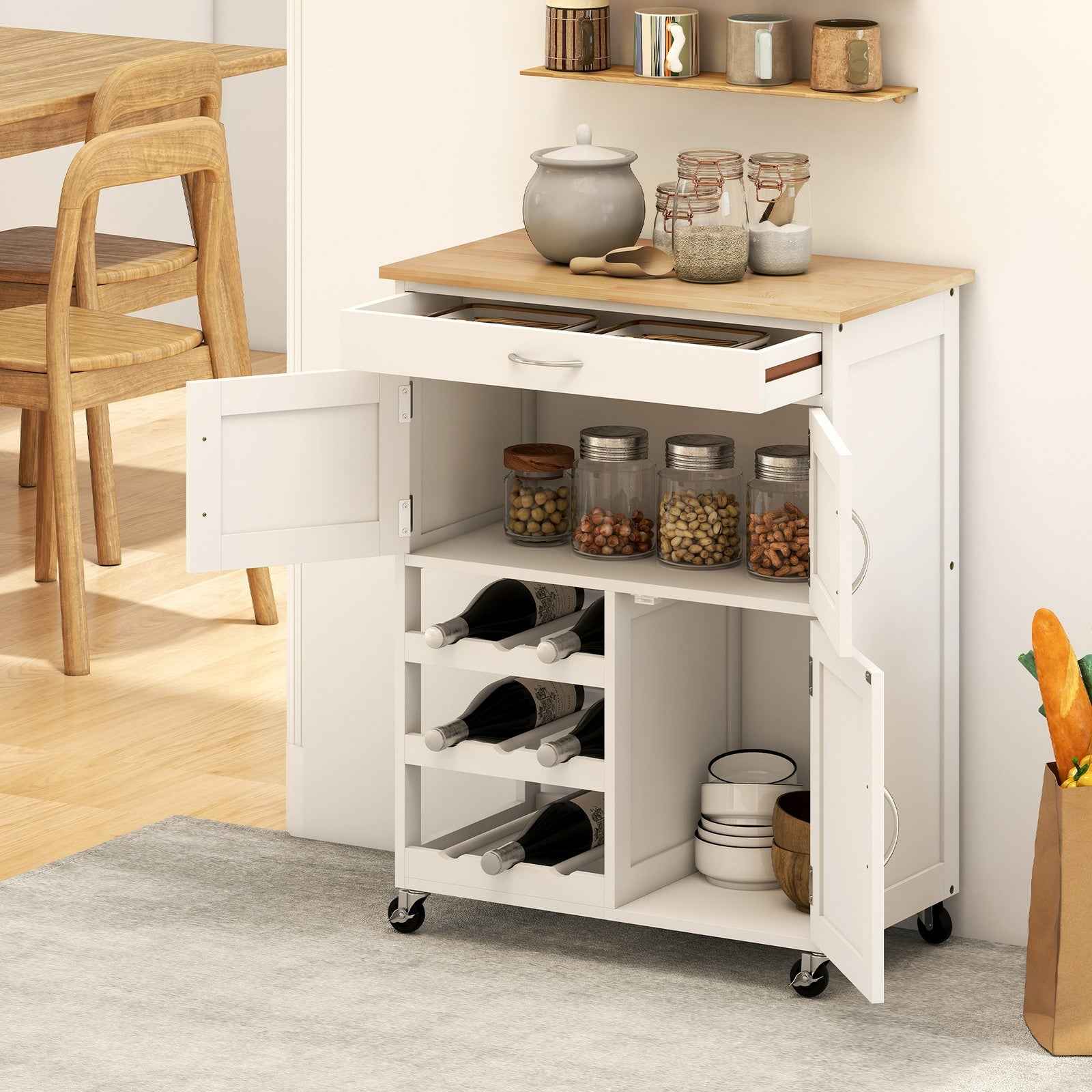 Rolling Kitchen Island Trolley Storage Cart with Rubberwood Top, Drawer, White