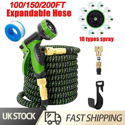 200FT Heavy Duty Expandable Garden Hose Flexible Hose Pipe 10 Modes Spray Gun UK