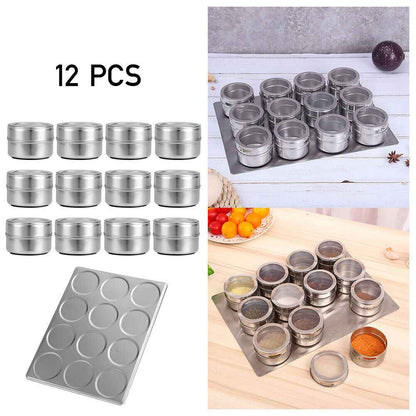 12x Magnetic Spice Jars BBQ Shaker Lids Seasoning Tins Container Stainless Steel