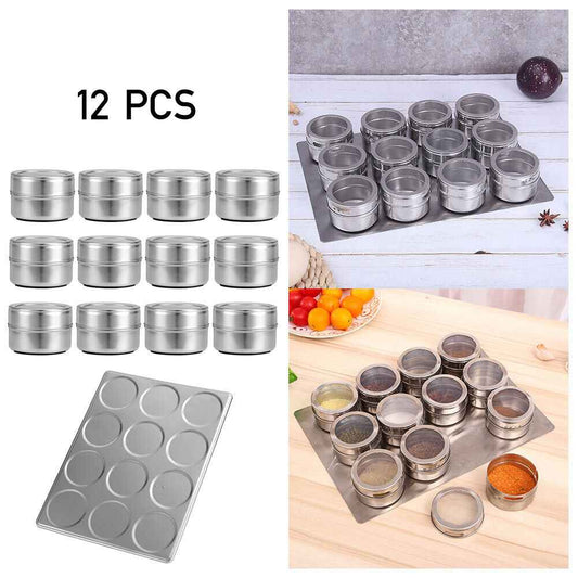 12x Magnetic Spice Jars BBQ Shaker Lids Seasoning Tins Container Stainless Steel
