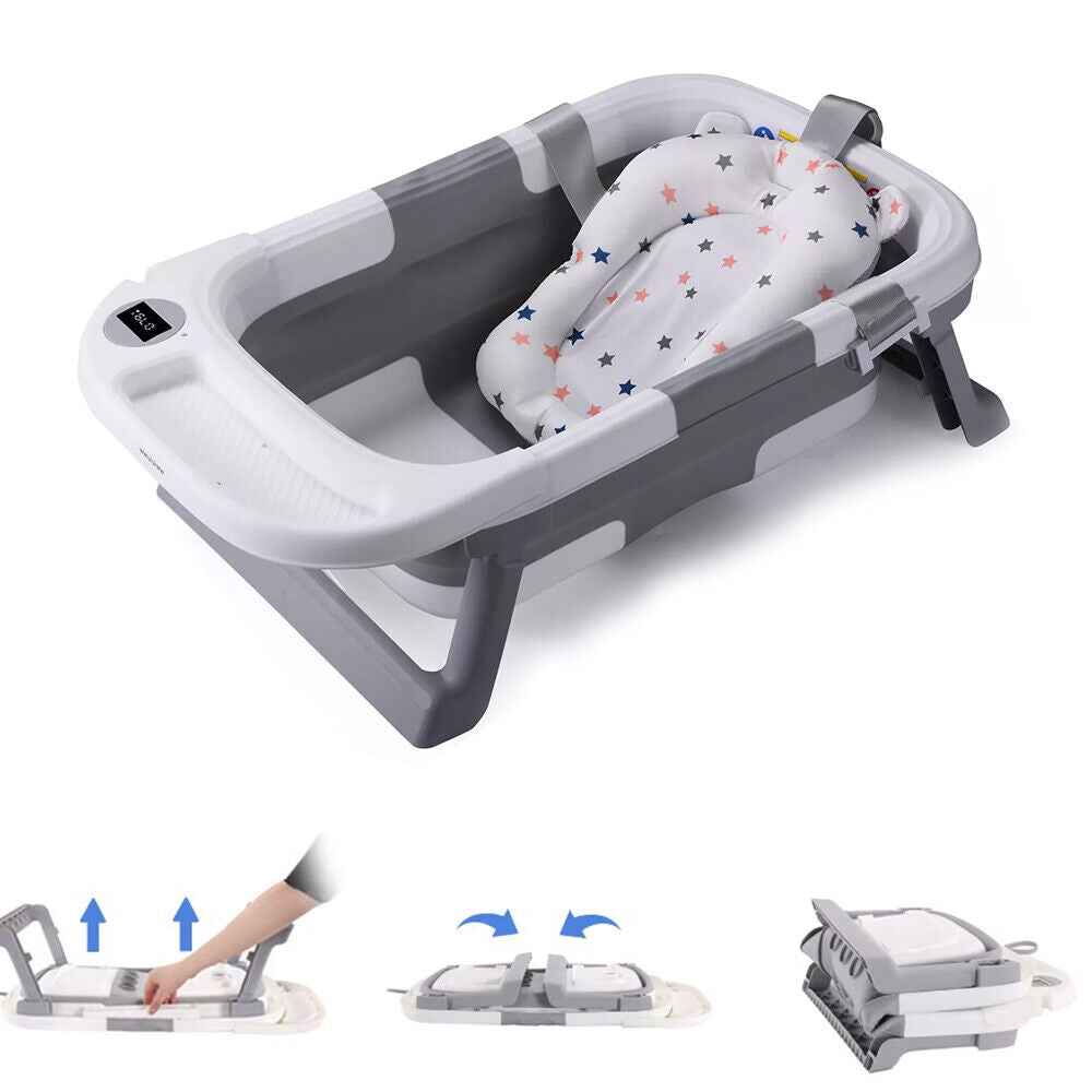 Foldable Baby Bath Tub Ergonomic with Temperature & Cushion Bath Pad + Bath Net
