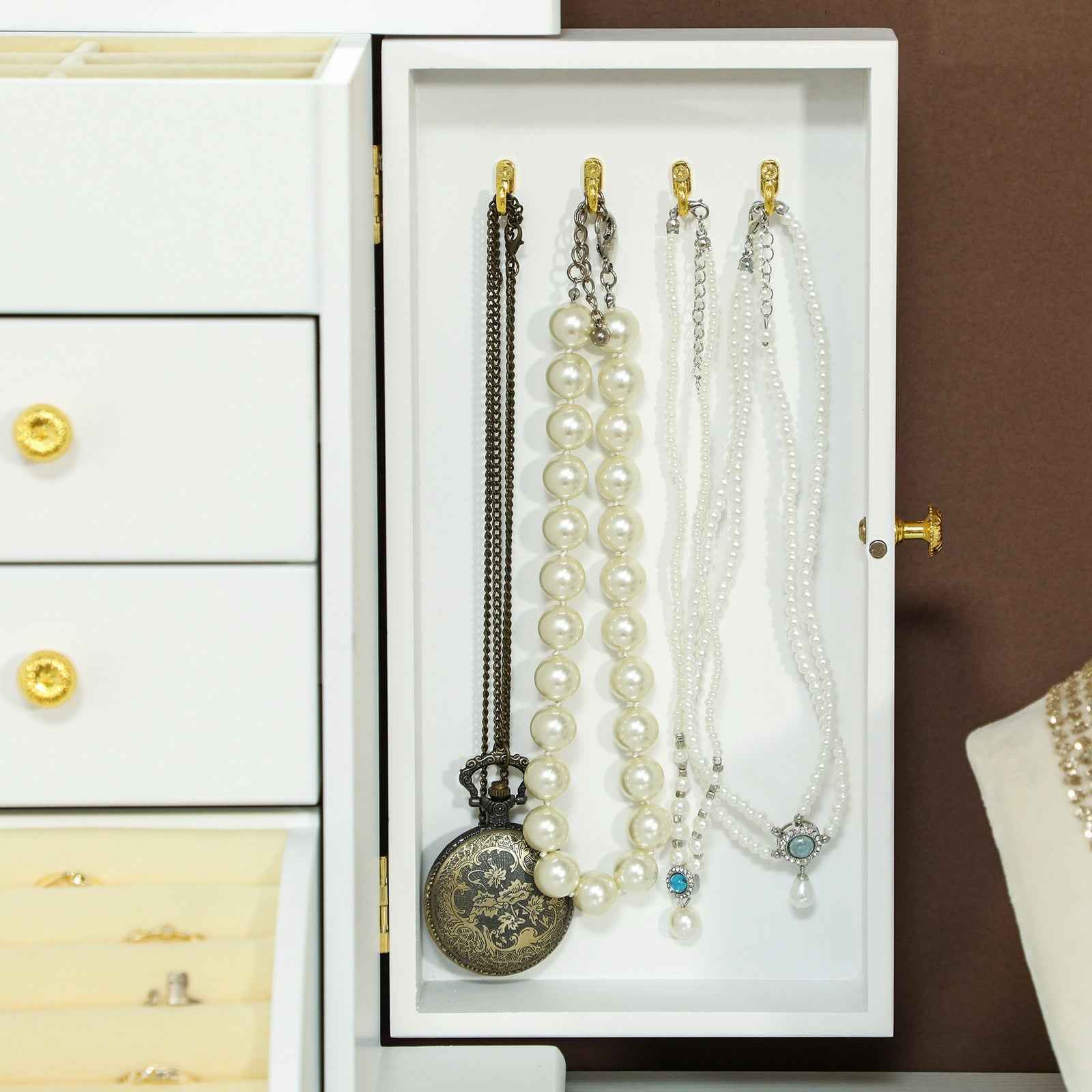 4-Tier Jewellery Box, Jewellery Organiser with Mirror and 2 Drawers, White