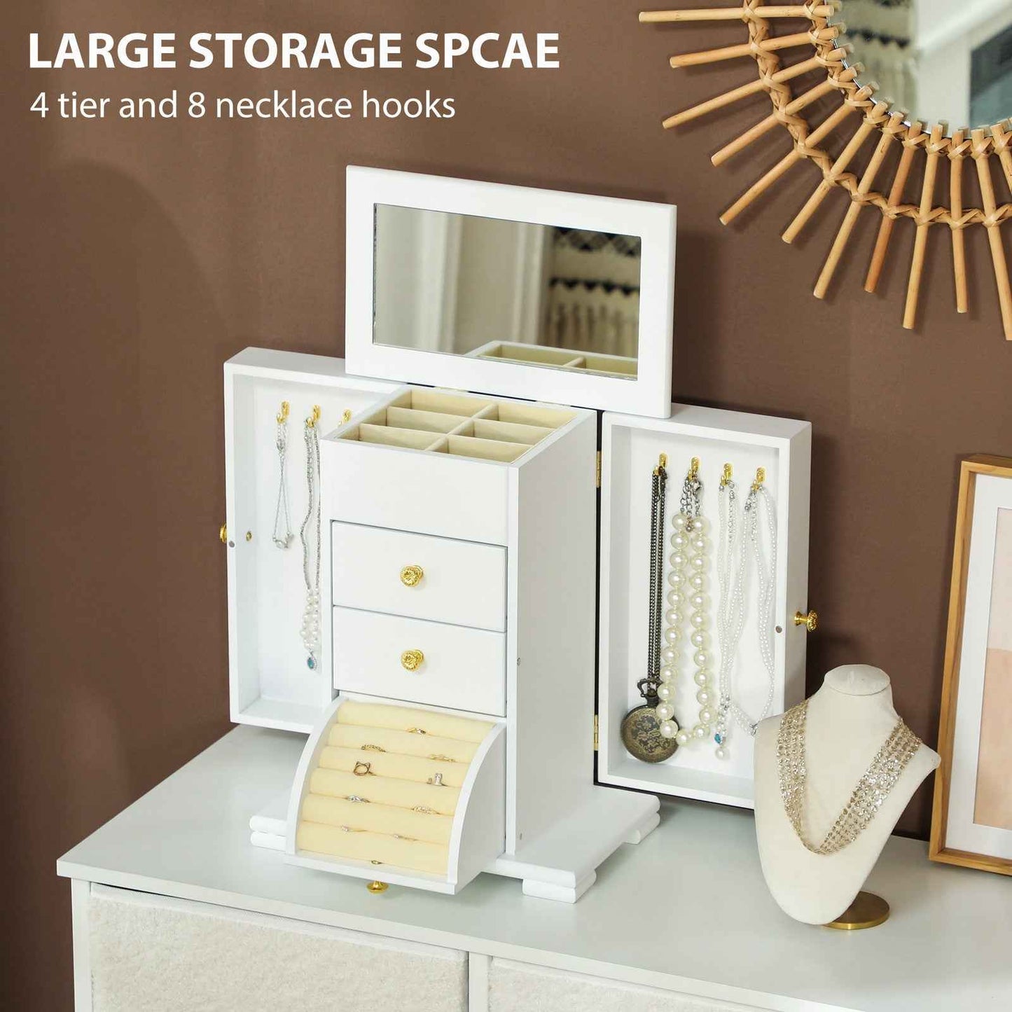 4-Tier Jewellery Box, Jewellery Organiser with Mirror and 2 Drawers, White