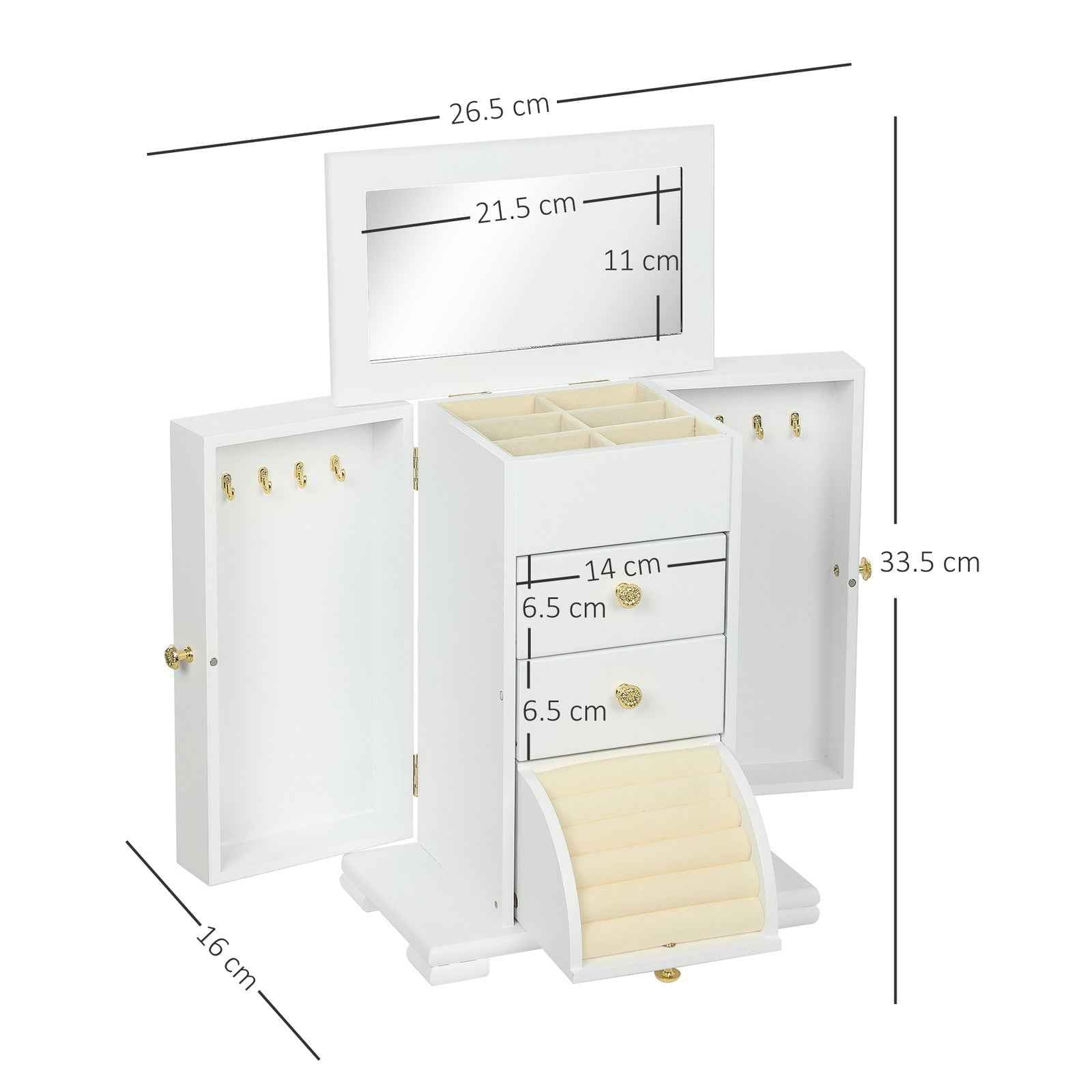 4-Tier Jewellery Box, Jewellery Organiser with Mirror and 2 Drawers, White
