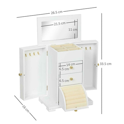 4-Tier Jewellery Box, Jewellery Organiser with Mirror and 2 Drawers, White