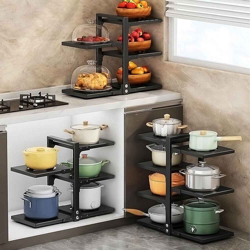 2-7Tier Black Pan Stand Saucepan Pot Rack Kitchen Storage Organiser Shelf Holder