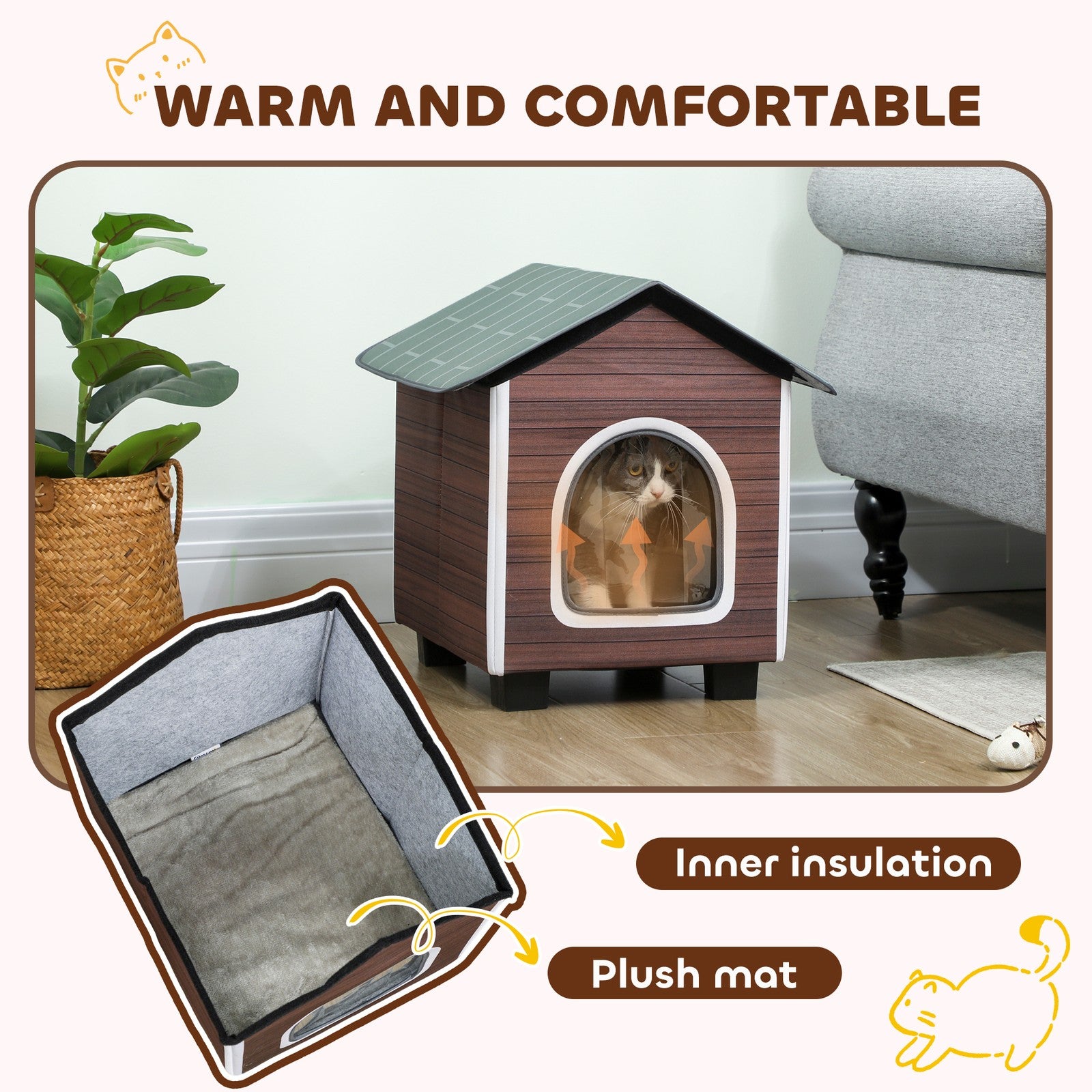 Insulated Outdoor Cat Shelter with Elevated Base, Cushion, Red-brown