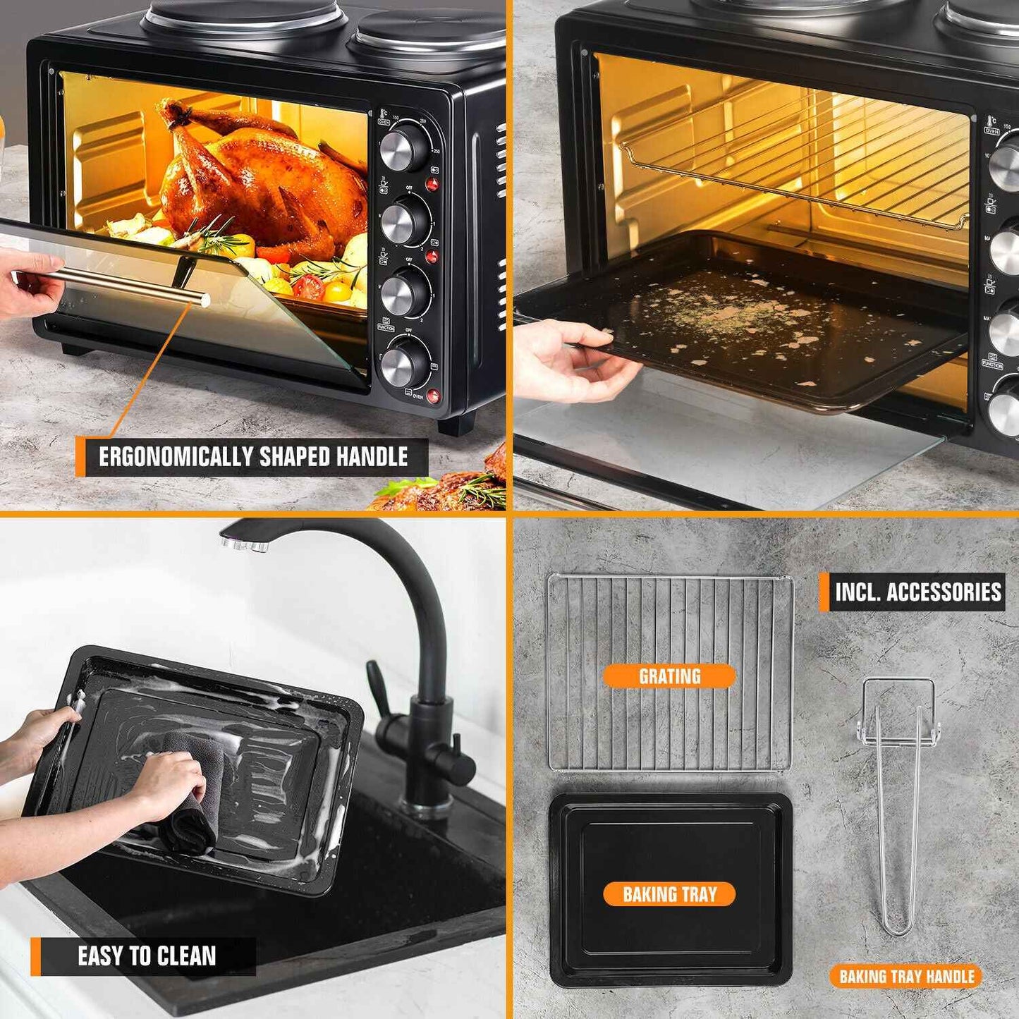 36L Mini Oven Hob Cooker Grill With Electric Hob Double Hotplate Tabletop Black