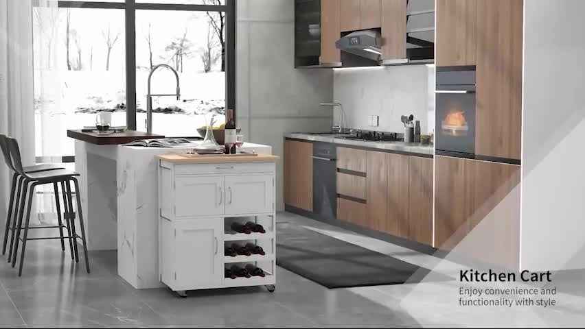 Rolling Kitchen Island Trolley Storage Cart with Rubberwood Top, Drawer, White