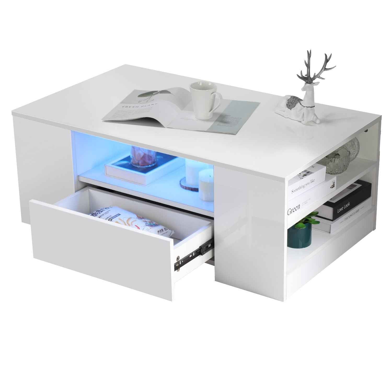 LED Coffee Table Wooden 2 Drawer Storage High Gloss Modern Living Room Furniture