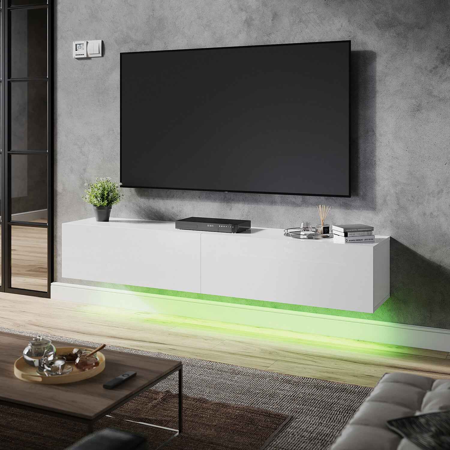 140cm High Gloss Floating TV Unit Cabinet Wall Mounted TV Stand With LED Lights