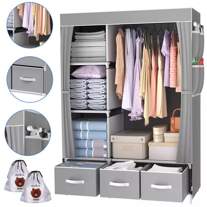 Large Fabric Canvas Wardrobe with Clothes Hanging Rail Shelving Storage Closet