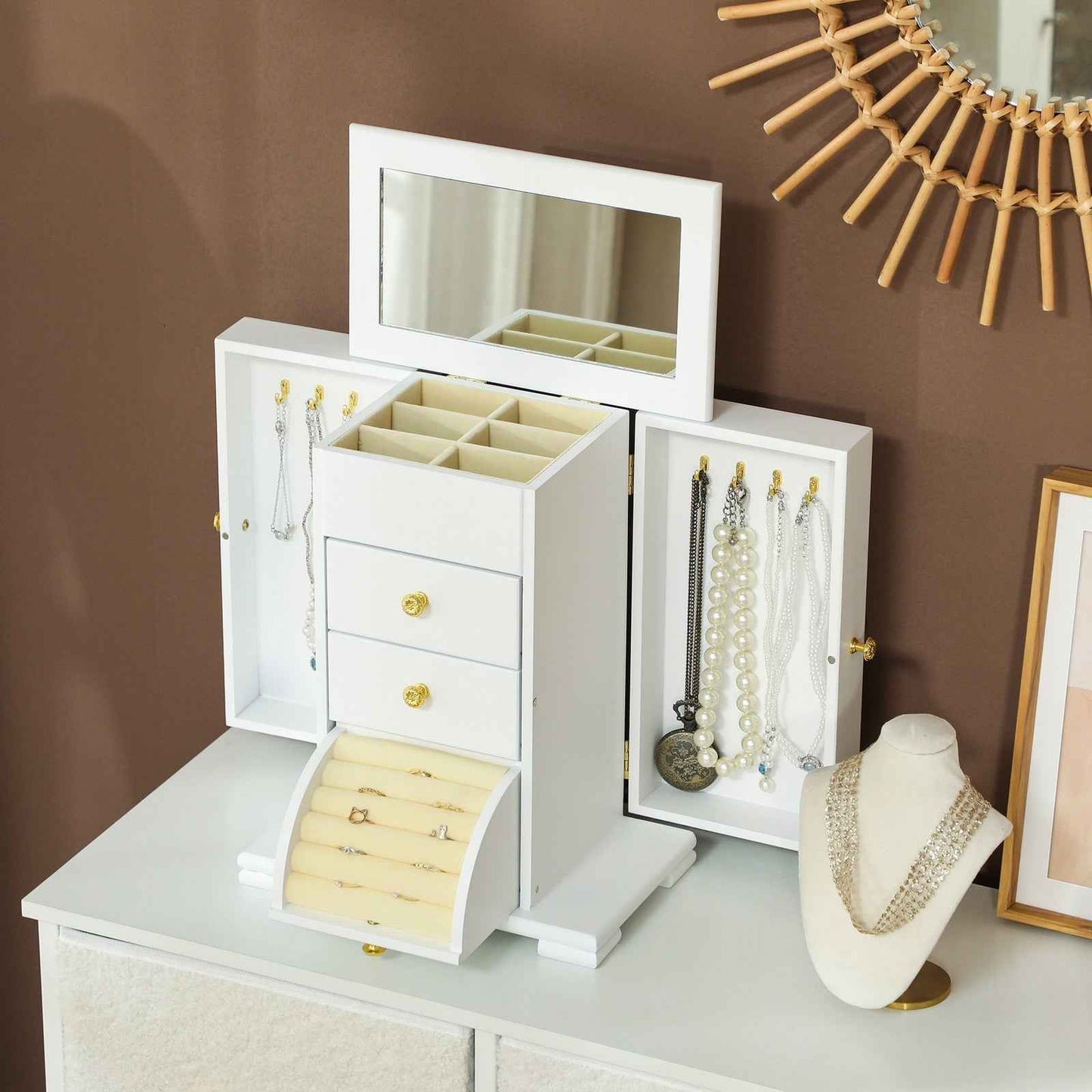 4-Tier Jewellery Box, Jewellery Organiser with Mirror and 2 Drawers, White