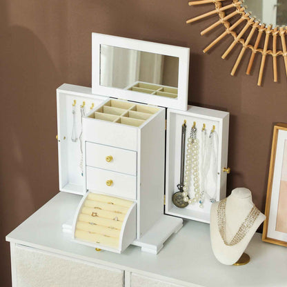 4-Tier Jewellery Box, Jewellery Organiser with Mirror and 2 Drawers, White