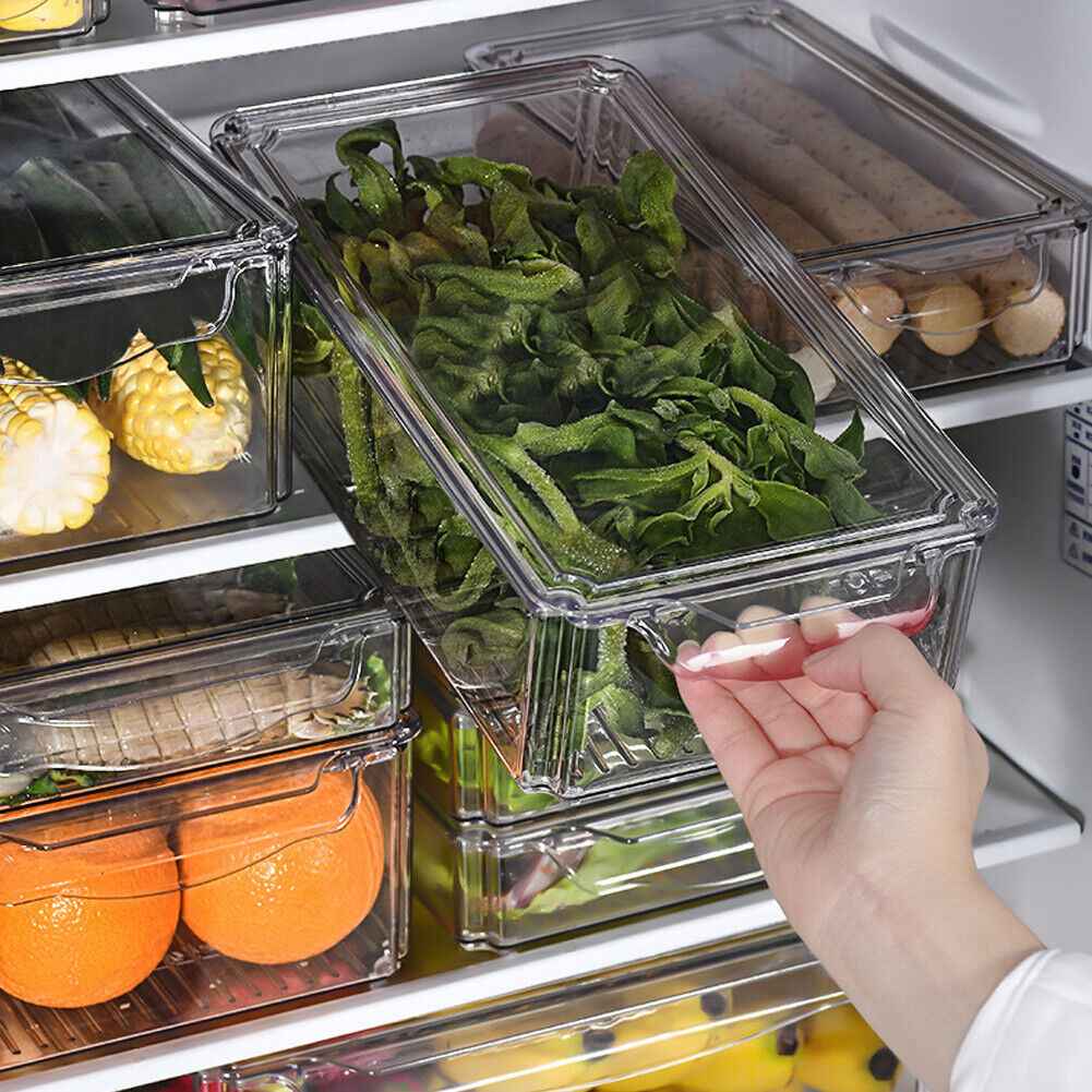 S/M/L Clear Plastic Fridge Storage Box Cupboard Organiser Fruit Veg Rack 3-10Pcs