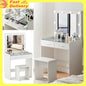 Vanity Desk with Mirror Lights Glass Top Dressing Table w/ 2 Drawers & Stool Uam