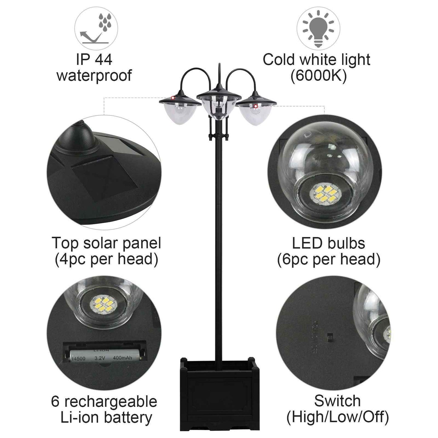 3-head LED Solar Light Lamp Street Light Post with Planter Base, Black