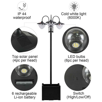 3-head LED Solar Light Lamp Street Light Post with Planter Base, Black